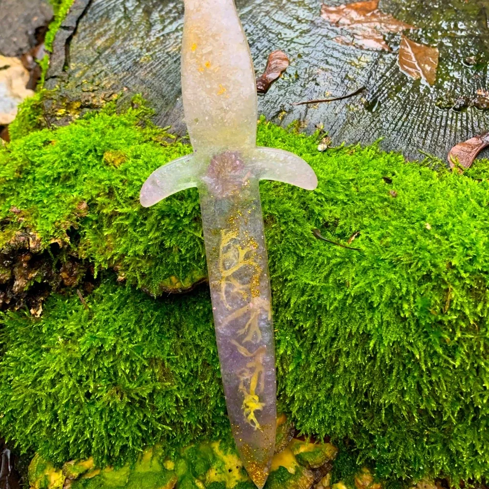 Pink clover and lichen resin dagger wall hanging